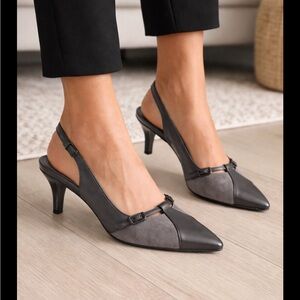 Tahari Marisol Gray Leather & Suede Slingback Kitten Heels | US 10